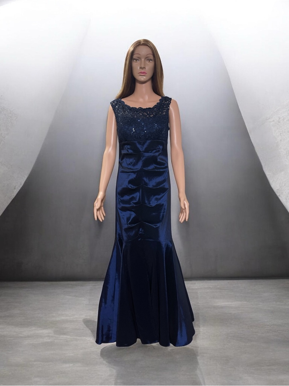 R&M Richards Navy Lace & Satin Mermaid Evening Gown